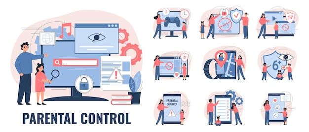 Controle dos pais definido com composições isoladas planas de escudos de proteção de ícones de gadget e ilustração vetorial de personagens de membros da família