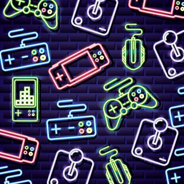 Controles de videogame no estilo neon na parede de tijolo