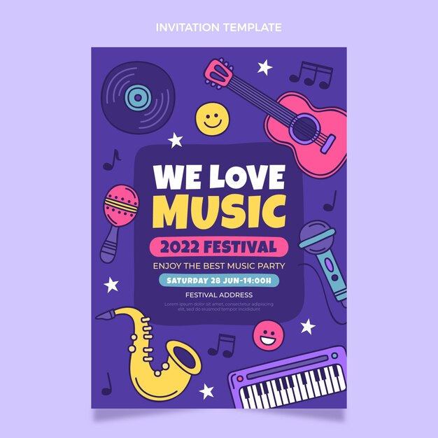 Convite colorido desenhado à mão para o festival de música