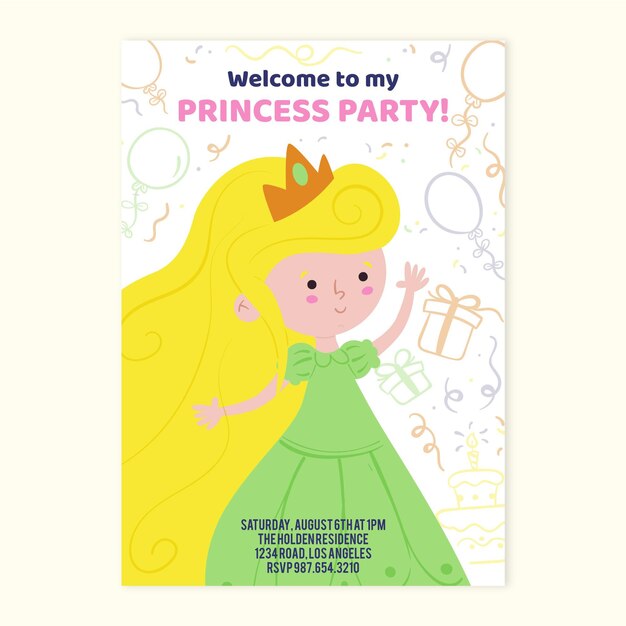 Convite de aniversário de princesa para crianças desenhada à mão