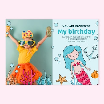 Convite de aniversário de sereia desenhado à mão com modelo de foto