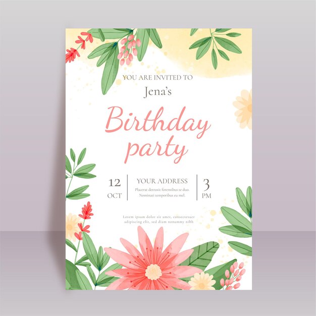 Convite de aniversário desenhado à mão em aquarela