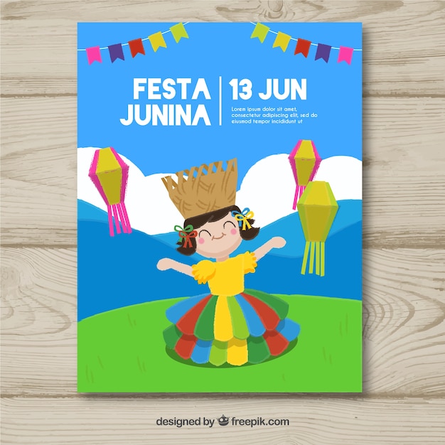 Vetor grátis convite de cartaz festa junina com garota feliz comemorando