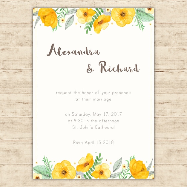 Convite de casamento brilhante com pintados à mão flores amarelas