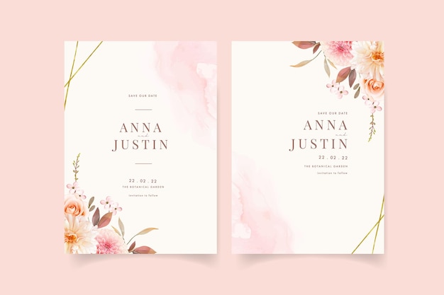 Convite de casamento com aquarela dálias e rosa