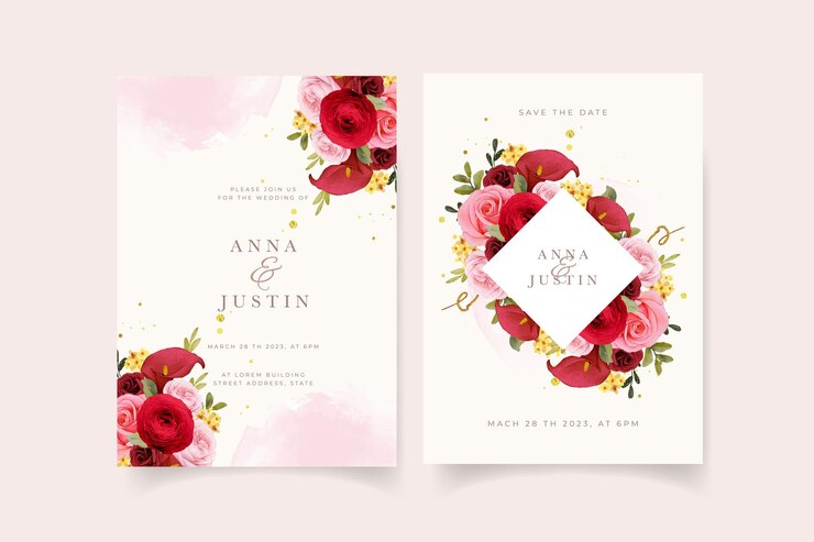 Vetor grátis convite de casamento com aquarela rosa lírio e flor de ranúnculo