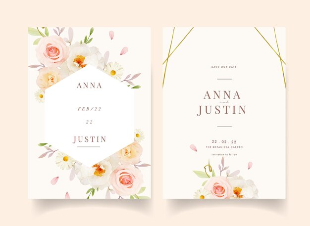 Convite de casamento com aquarela rosas cor de rosa e peônia branca