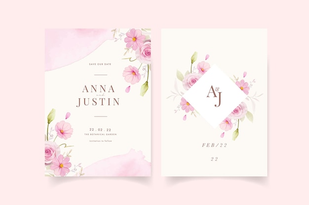 Convite de casamento com aquarela rosas cor de rosa