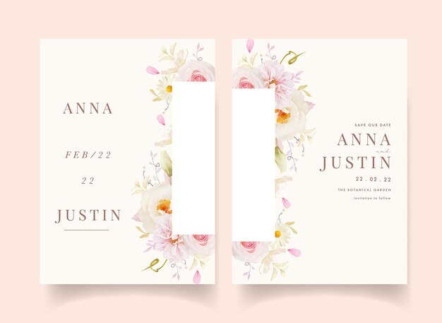 Convite de casamento com aquarela rosas dália e peônia branca