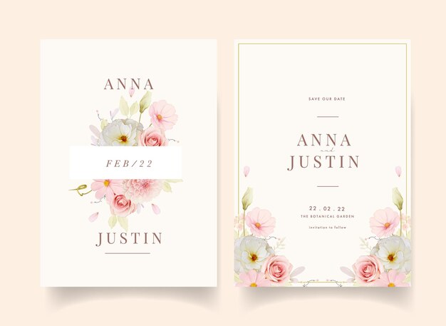 Convite de casamento com aquarela rosas e dália rosa