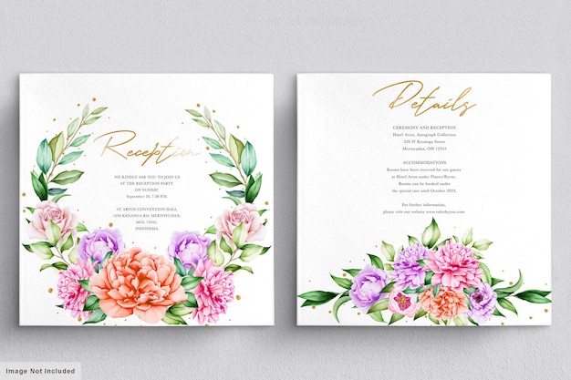 Convite de casamento com buquês de flores lindas e conjunto aquarela de grinalda