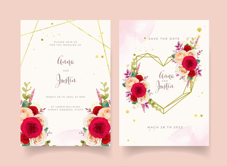 Vetor grátis convite de casamento com flores de rosas vermelhas