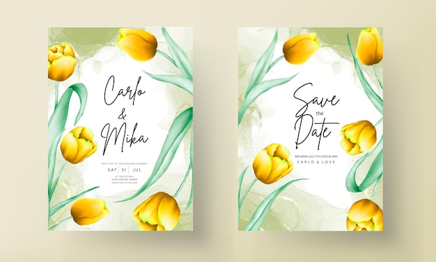 convite de casamento com linda flor amarela de tulipa em aquarela