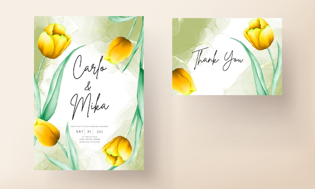 Convite de casamento com linda flor amarela de tulipa em aquarela