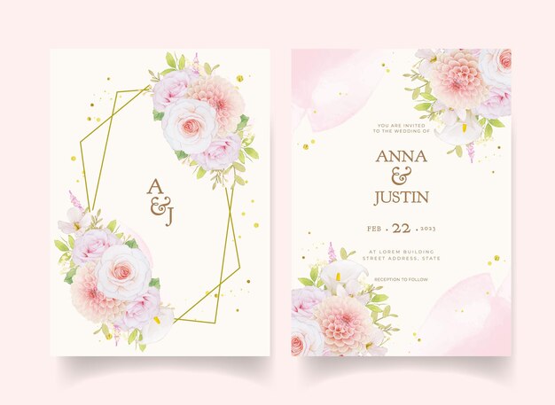 Convite de casamento com rosas aquarela e dália