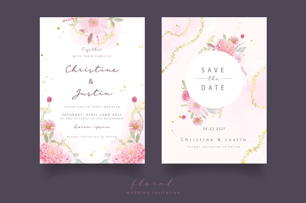 Convite de casamento com rosas aquarela, flores dália e gérbera