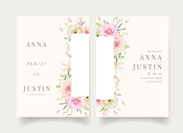 Convite de casamento com rosas em aquarela e ranúnculo