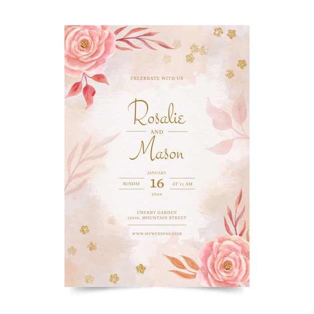 Vetor grátis convite de casamento de flores rosa aquarela