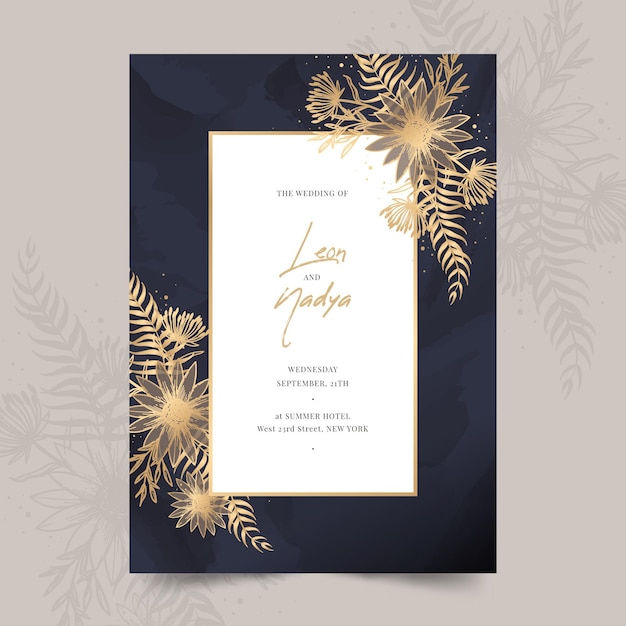 Convite de casamento floral dourado gradiente