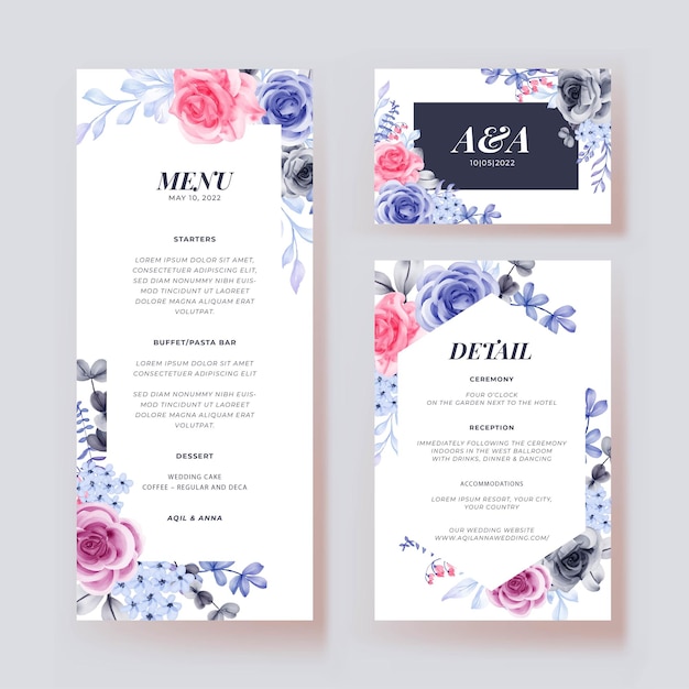 Vetor grátis convite de casamento floral romântico e modelo de menu
