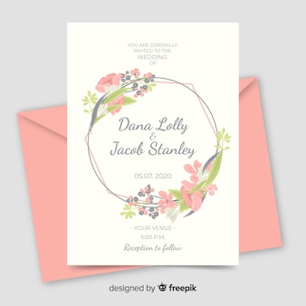 Convite de casamento moldura floral rosa com design plano