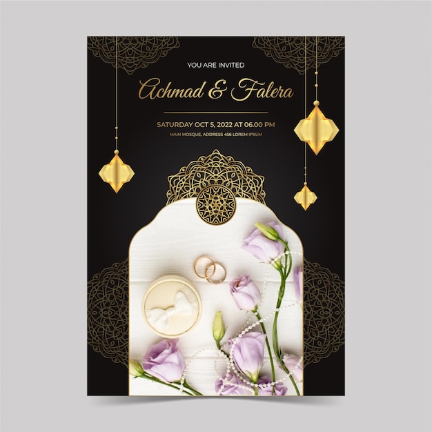 Vetor grátis convite de casamento muçulmano de luxo dourado gradiente