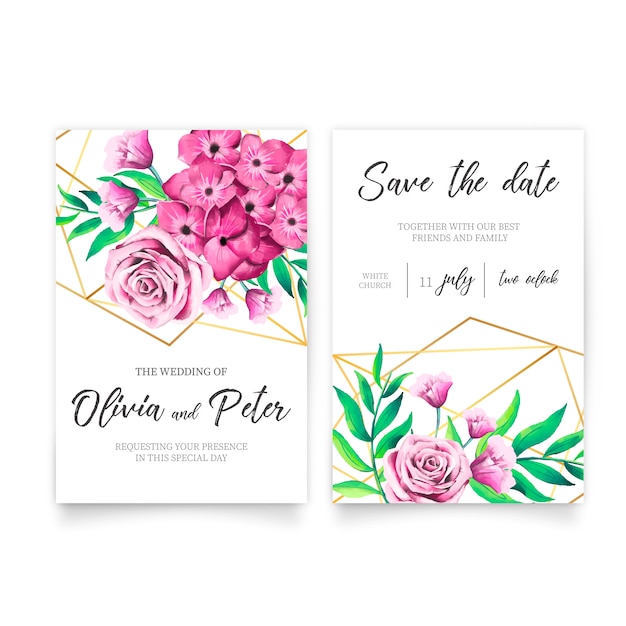 Convite de casamento poligonal com flores em aquarela