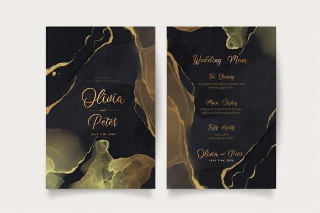 Convite de casamento preto e dourado elegante e modelo de menu