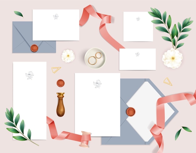 Convite de casamento romântico com cartões em branco, envelopes, flores, anéis, fitas, realistas, isolado
