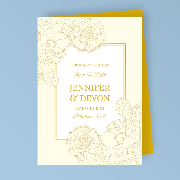 Convite de casamento vintage com flores douradas