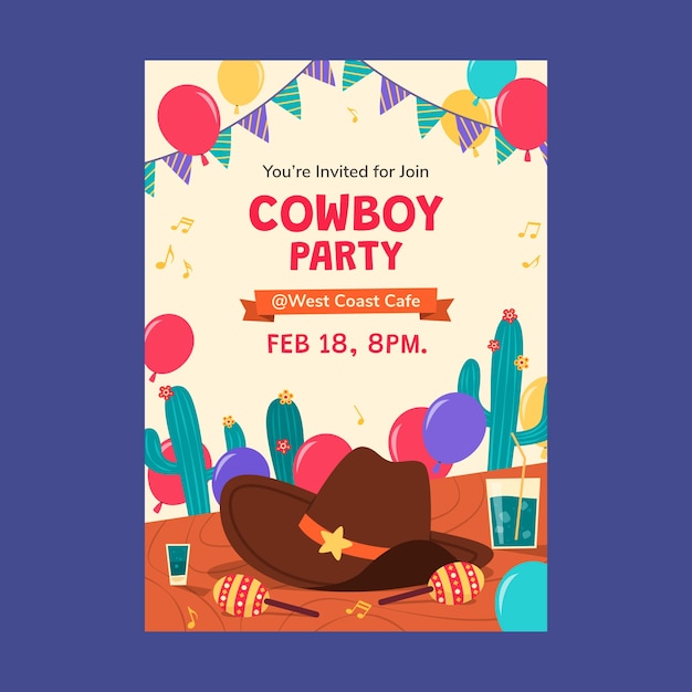 Convite de festa de cowboy desenhado à mão