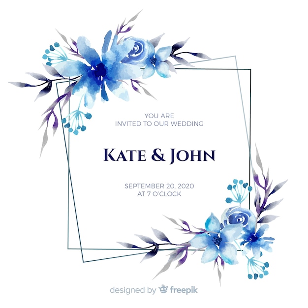 Vetor grátis convite floral azul do casamento do quadro da aguarela