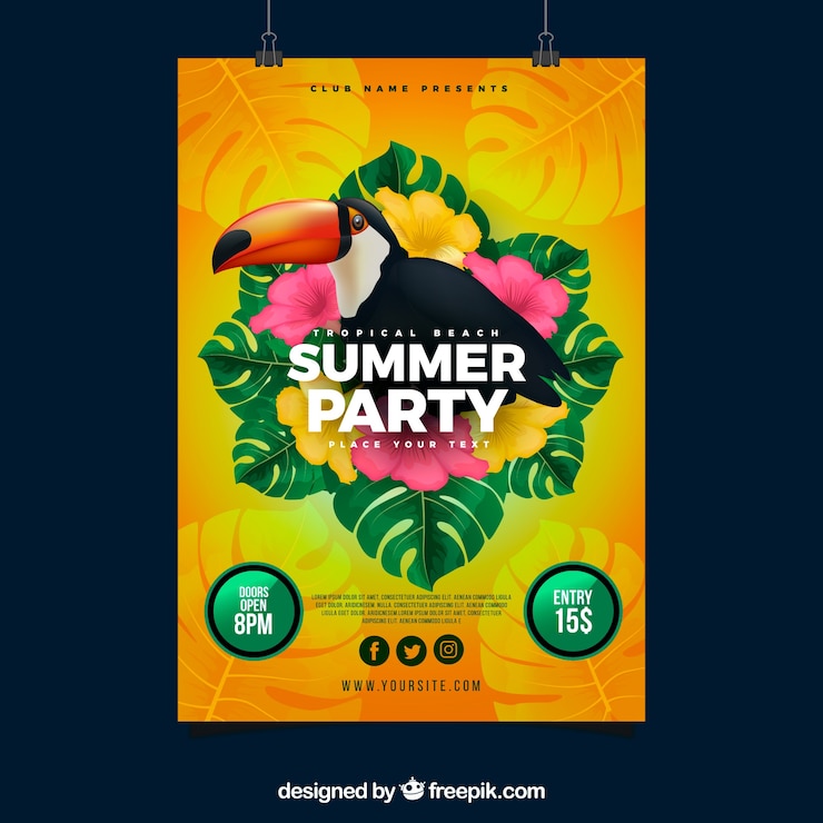 Vetor grátis convite para festa de verão com tucano em estilo realista