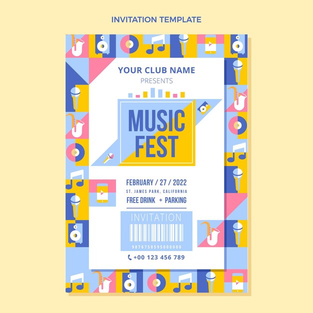 Convite para festival de música em mosaico de design plano