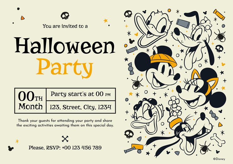 Vetor grátis convite para halloween do mickey mouse e seus amigos