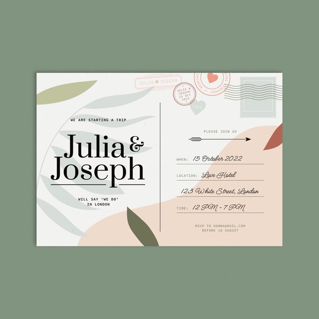 Convites de casamento de cartão-postal de design plano