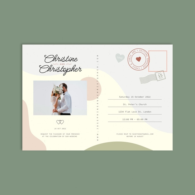 Convites de casamento de cartão postal de design plano