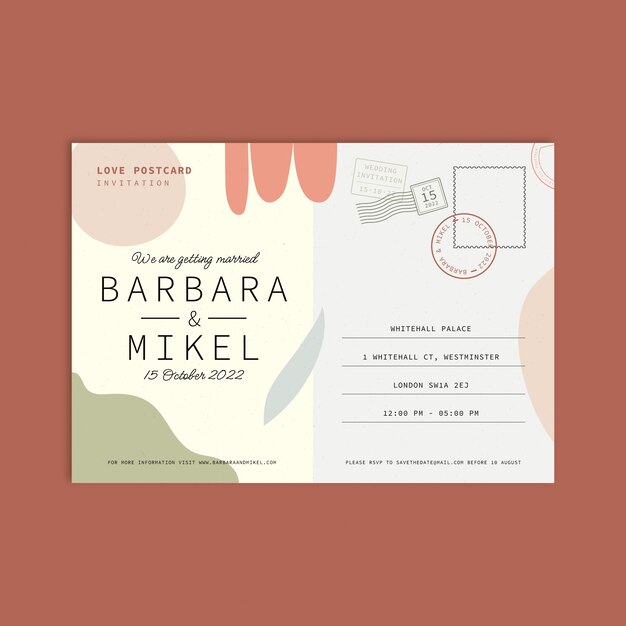 Convites de casamento de cartão-postal de design plano