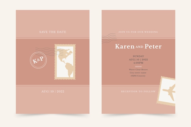 Convites de casamento de destino de design plano desenhado à mão