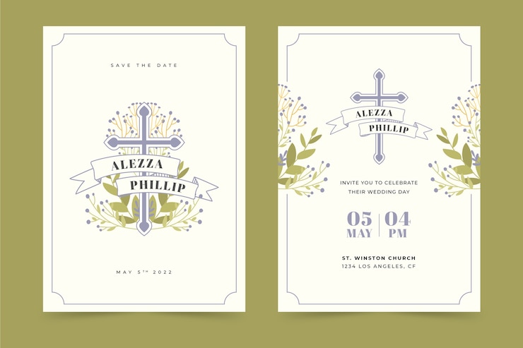 Vetor grátis convites de casamento de religião e design plano desenhado à mão