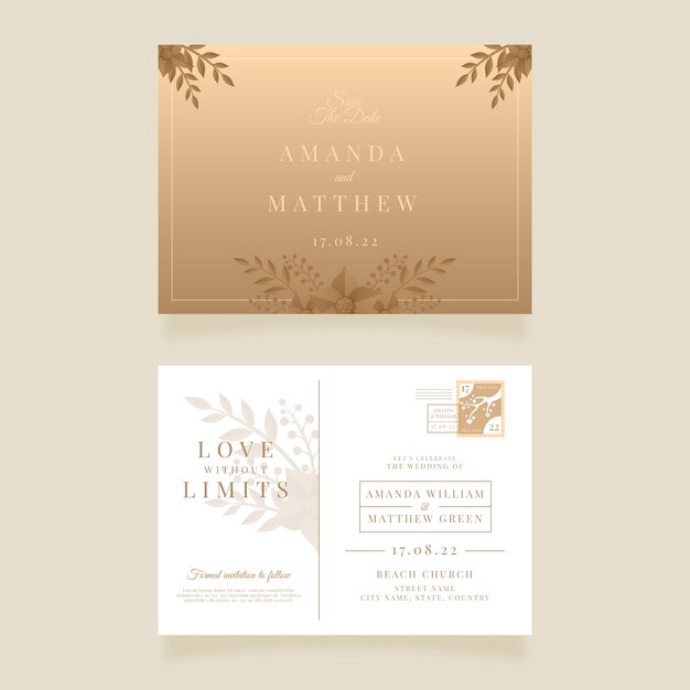 Convites de casamento em cartão postal gradiente