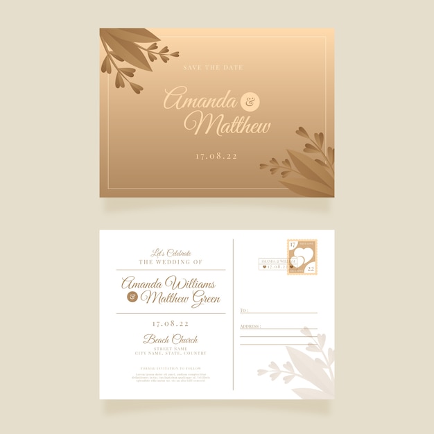 Convites de casamento em cartão postal gradiente