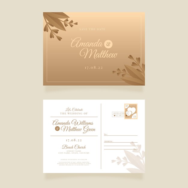Convites de casamento em cartão postal gradiente