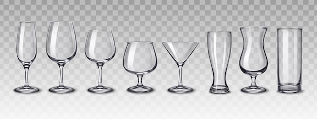 Copos de bebidas alcoólicas com fundo transparente e imagens realistas de copos vazios para diferentes bebidas ilustração do vetor