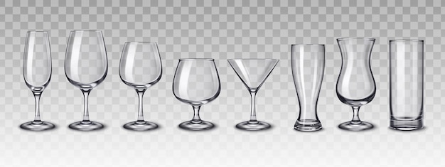 Copos de bebidas alcoólicas com fundo transparente e imagens realistas de copos vazios para diferentes bebidas ilustração do vetor