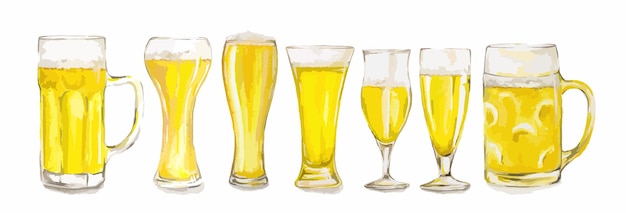 Copos de cerveja em aquarela em fundo branco. diferentes tipos isolados de copos de cerveja.