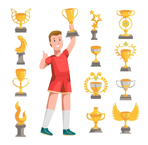 Vetor grátis copos de troféu de ouro de forma diferente para esportes ou competições conjunto de ilustração vetorial dos desenhos animados. feliz vencedor recebendo troféu de ouro em recompensa. prêmio, conceito de campeonato