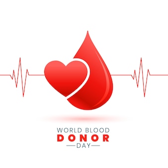 Coração do dia mundial do doador de sangue e gota de sangue com cartaz de conceito de linha de batimentos cardíacos