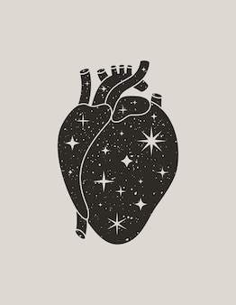 Coração negro místico em um estilo boho moderno. coração anatômico da silhueta do vetor com estrelas para impressão na parede, camiseta, tatuagem, postagem nas redes sociais e histórias