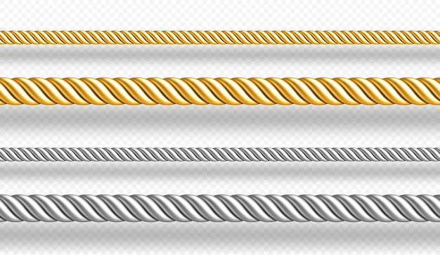 Vetor grátis cordas de ouro e prata fios trançados isolados na parede branca conjunto realista de cordas de cetim de ouro e metal decoração bordas de cordas de seda retas